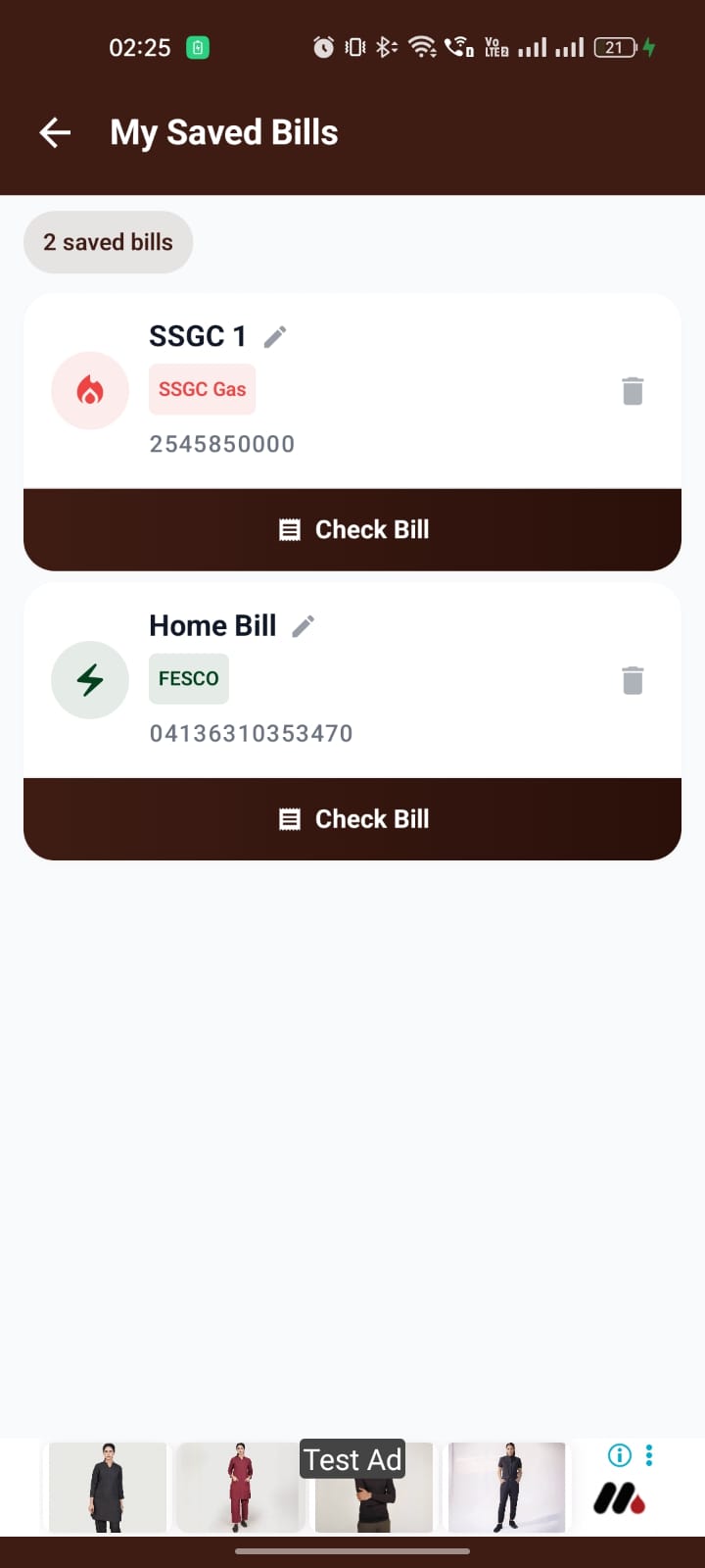 My Saved Bills screen showing SSGC and FESCO bills
