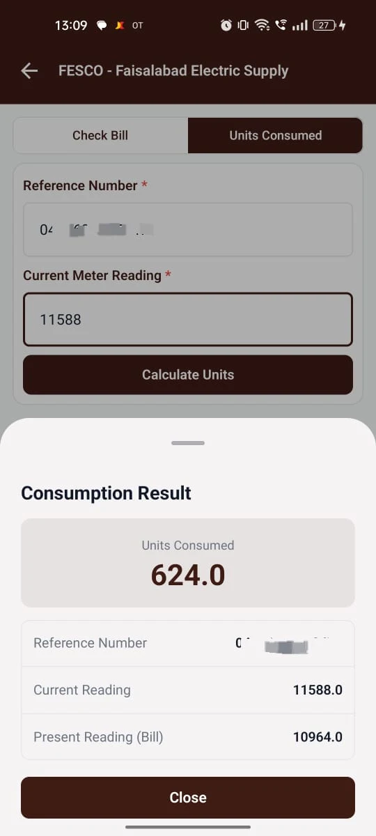 Units Consumed Calculator showing 624 units used